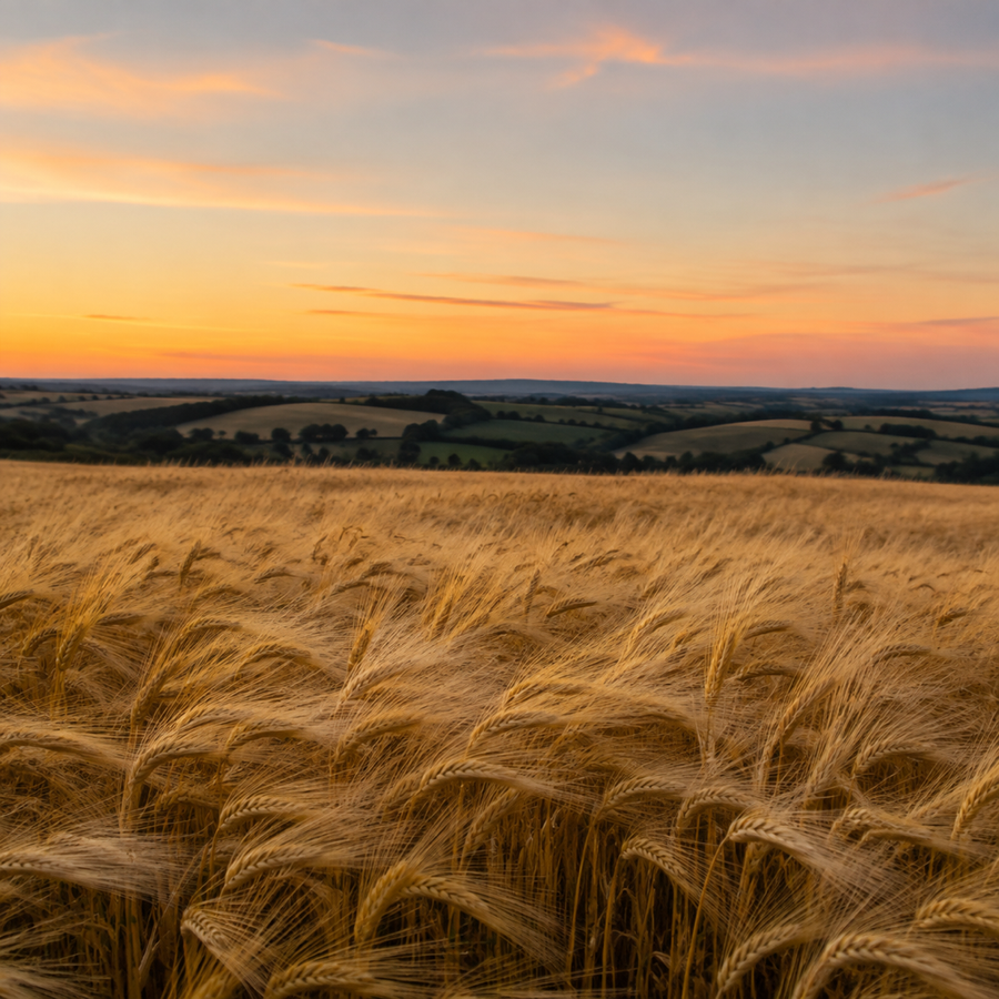 Champ d'orge doré à l'horizon doux au crépuscule, sans personne