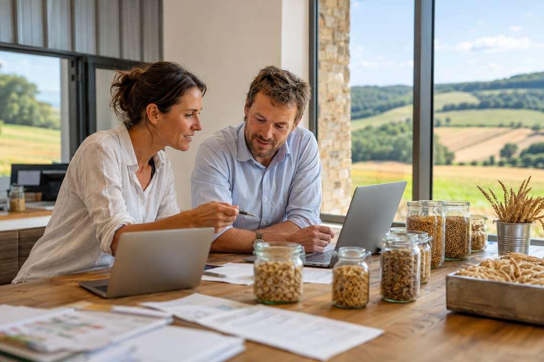 Deux consultants en chemise à table avec ordinateurs et bocaux d'échantillons de grains