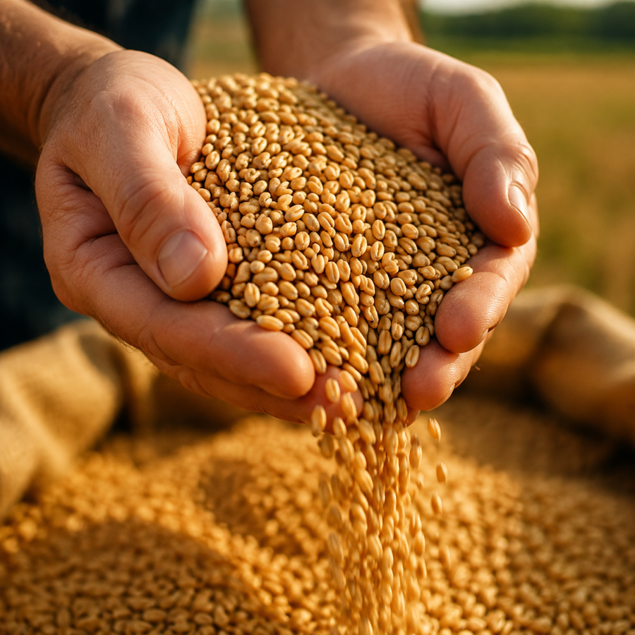 Mains en coupe recueillant un flot de grains de blé dorés